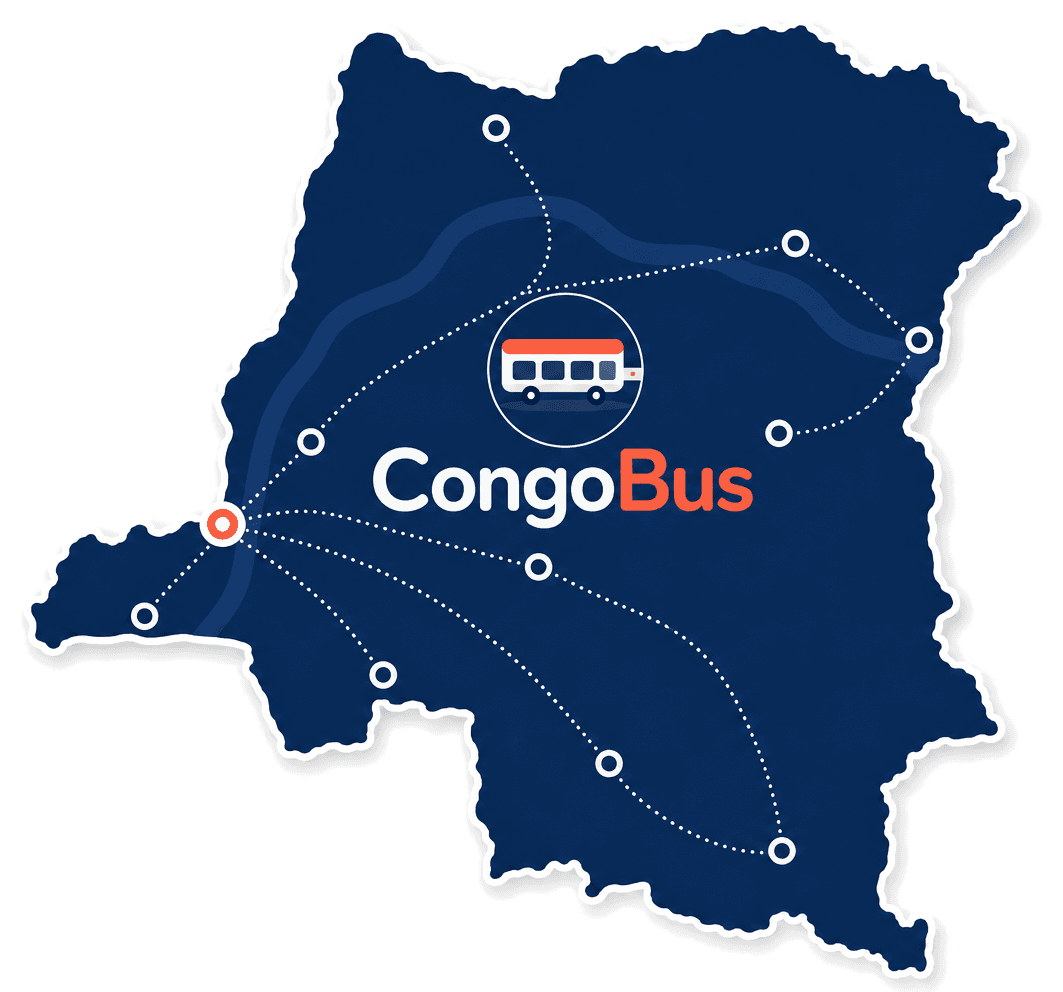 Carte stylisée de la RDC reliant les grandes villes desservies par CongoBus